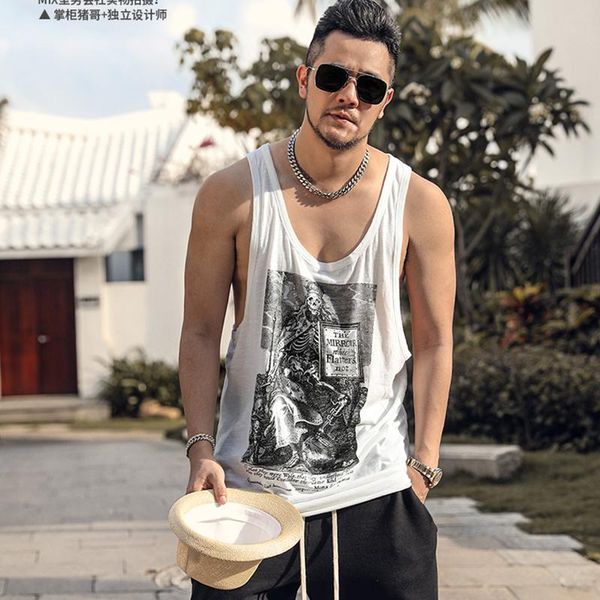

men' tank 2021 summer washing casual vest fashion printed sleeveless t5059, White;black