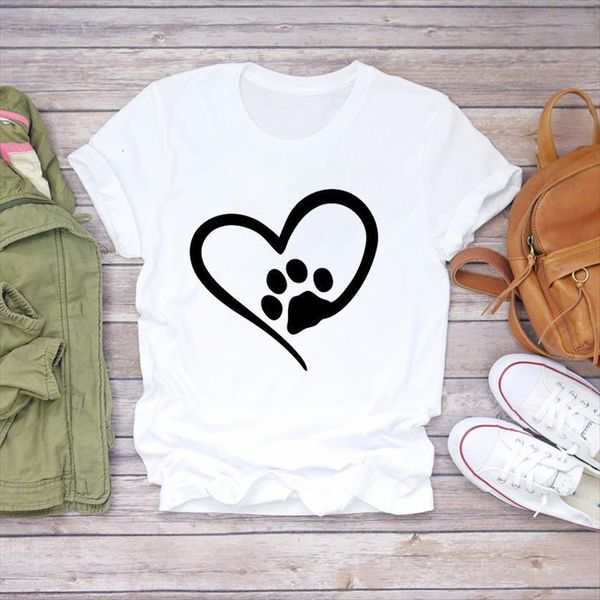 

dog paw printing women t shirts short sleeve summer autumn graphic ladies print lady shirt female tee, White