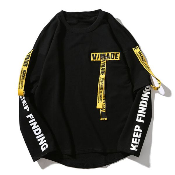 

hip hop pullover sweatshirt men casual ribbon t-shirt cotton long sleeve t shirt kg-121, White;black