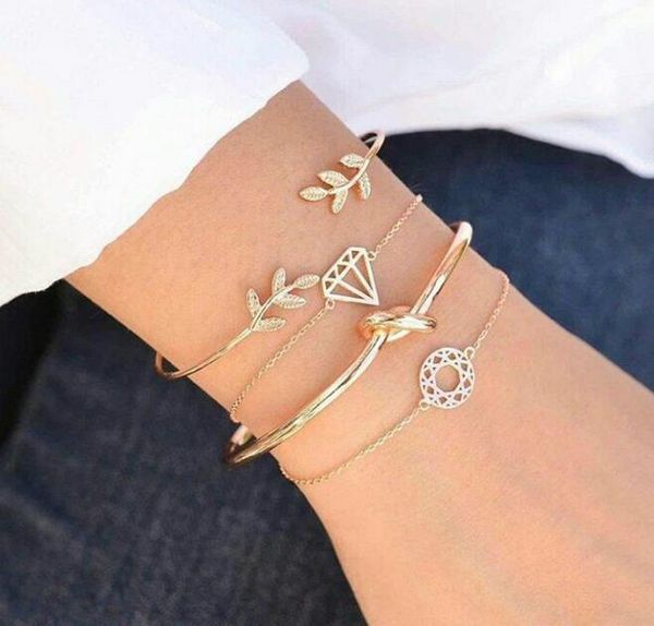 

charm bracelets 4pcs/set fashion bohemia leaf knot hand cuff link chain bracelet bangle for women gold femme jewelry, Golden;silver