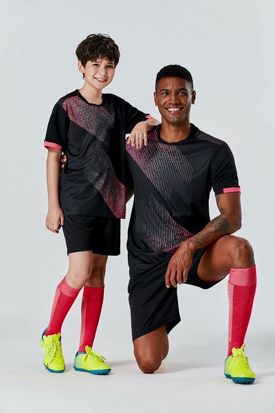 

#0125 football uniform men+kids soccer jersey printing team custom track and field sports short-sleeved shirt, Black;yellow