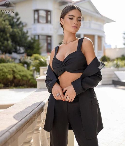 

women's two piece pants vazn 2021 women street girl style long sleeve outwear short buttons pure color lady three set, White