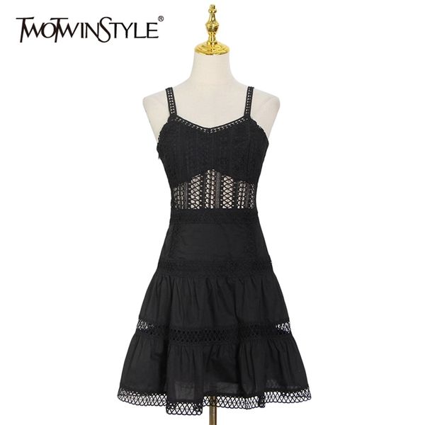 

black hollow out sling dress for women square collar sleeveless high waist midi dresses female summer 210520, Black;gray