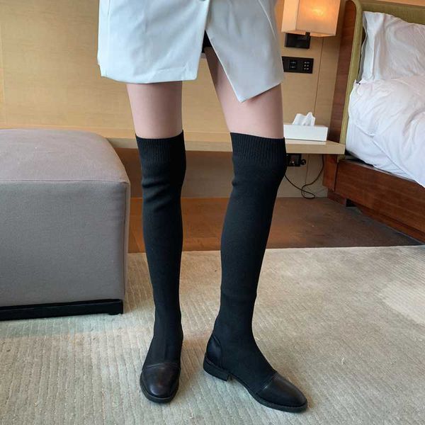 

boots party slim round toe stretch cloth over the knee high fashion black medium thick heel riding women's shoes