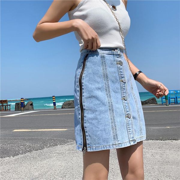 

skirts 2021 women's summer single-breasted denim skirt zip high waist, Black