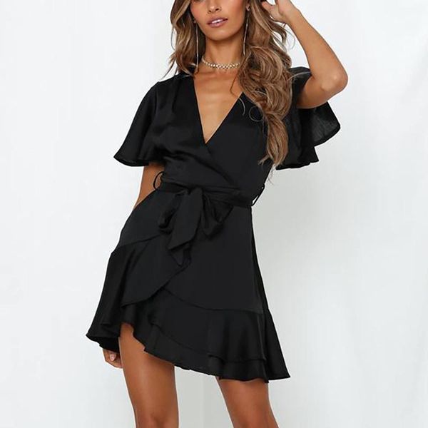 

casual dresses elegent black dress women's 2021 summer printing short sleeve lace swing a-line deep v-neck belt lacing, Black;gray