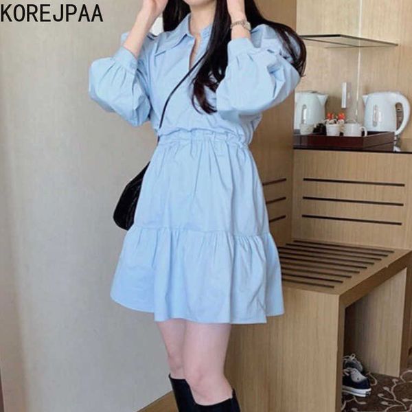 

korejpaa women dress summer korean fashion retro temperament bubble sleeves solid color waist slimming short dresses 210526, Black;gray