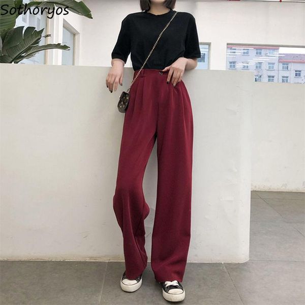 

casual pants women summer full-length loose button high waist solid straight black burgundy korean style lengthened ladies women's & ca, Black;white