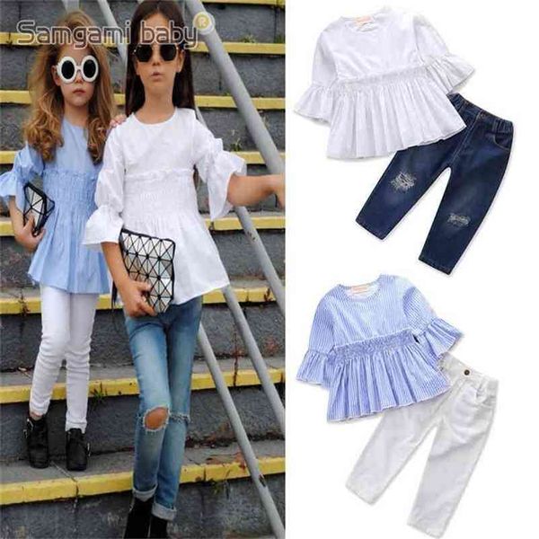 Großhandel Mädchen Sommer Kleidung Sets Halbarm Rüschen Hemden Jeans 2 stücke Mode Schwester Outfits Kinder 2-7 Jahre E18008 210610