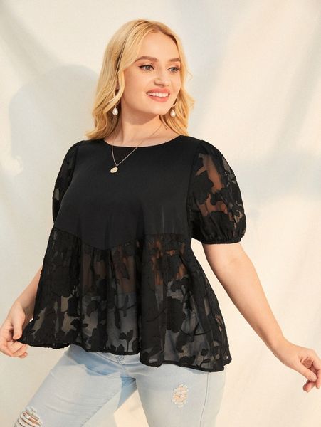 

plus solid ruffle hem embroidered mesh puff sleeve 86ir#, Black