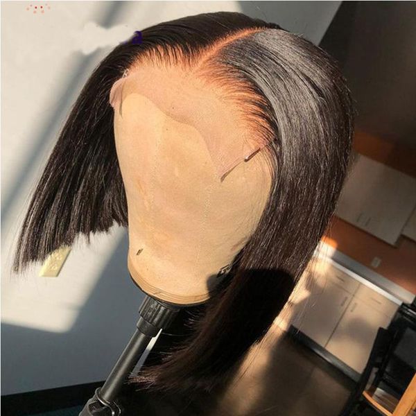 

synthetic wigs 12inch 180%density blunt cut short bob straight lace front wig for women with baby hair glueless daily wear fiber, Black