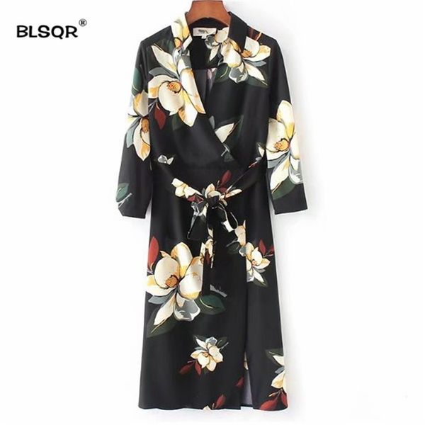 

blsqr women vintage deep v neck floral dress bow tie sashes side split pleated female spring streetwear dresses vestidos 210430, Black;gray