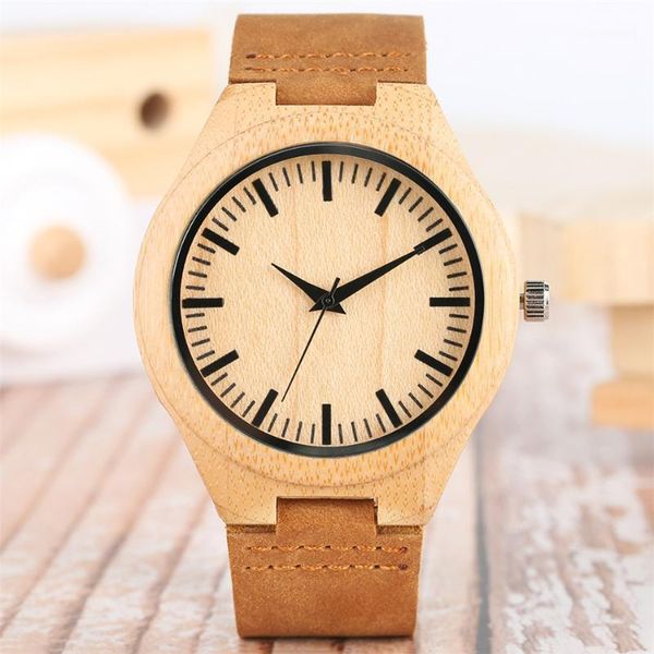 

bamboo wood case men's genuine leather quartz wristwatch black analog display round dial casual stylish male wooden timepiece wristwatc, Slivery;brown
