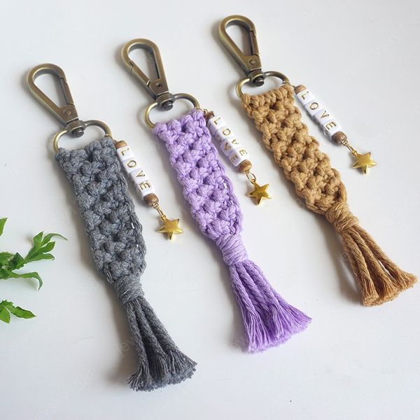 

braided tassel keychains for women bohemian key holder macrame bag charm car hanging jewelry gift handmade woven key chain, Slivery;golden