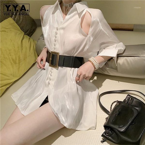 

ladies hollow out belted loose fit blouse womens shirt fashion pearls office summer shirts white blouses women's &