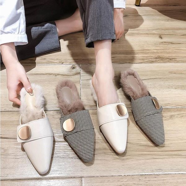 

women shoes fluffy slippers house winter plush furry slides plaid fashion woman ladies mules, Black