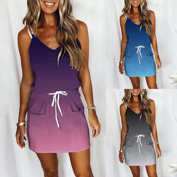 

summer sports style casual womens dresses loose striped print bandage vest suspender all match 50, Black;gray