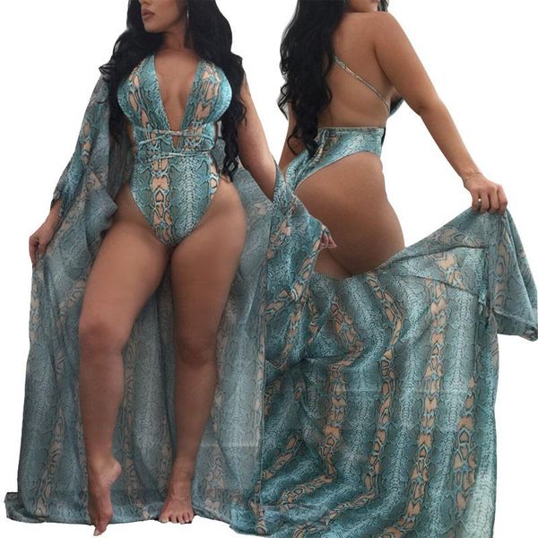 

women's beach pthon pattern two-piece suit long-sleeved blouse printing one-piece swimsuit swimwear suits