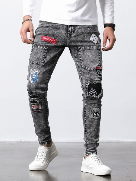 

men geo and letter embroidery patched jeans z1lm#, Blue