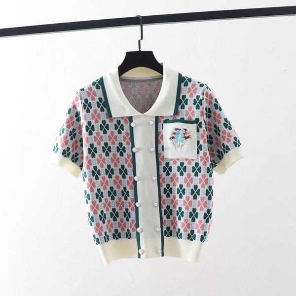

t shirt 2021 summer double breasted lapel embroidered embroidery pocket clover short sleeve ice silk sweater women's top, White