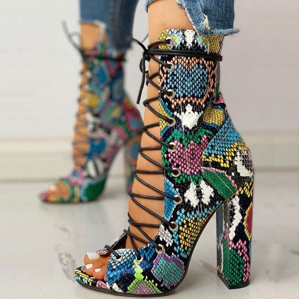 

shoes woman 2021 ly arrived women's ladies lace up multicolor snake skin high heel sandals boots buty damskie women, Black