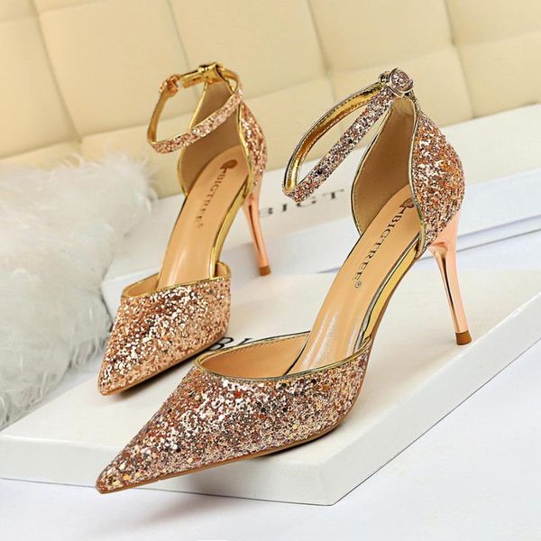 

dress shoes 2021 summer fashion women glitter white gold silve high heels pumps designer bling low party wedding plus size 34-43, Black