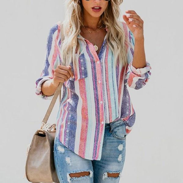 

women's blouses & shirts american fashion color stripes large women blouse ladies autumn european cute female womens shirt, White
