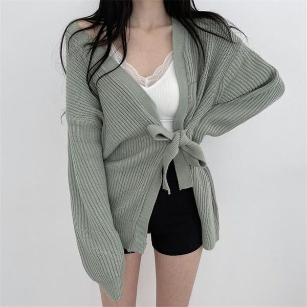 

women's knits & tees 2021 autumn winter sweaters elegant lady cardigans fashionable lace up vintage korean knitwear u425, White