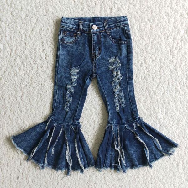 

jeans rts frayed dark blue retro bell bottom tassel baby kid boutique wholesale clothes fall winter pants girl children wear