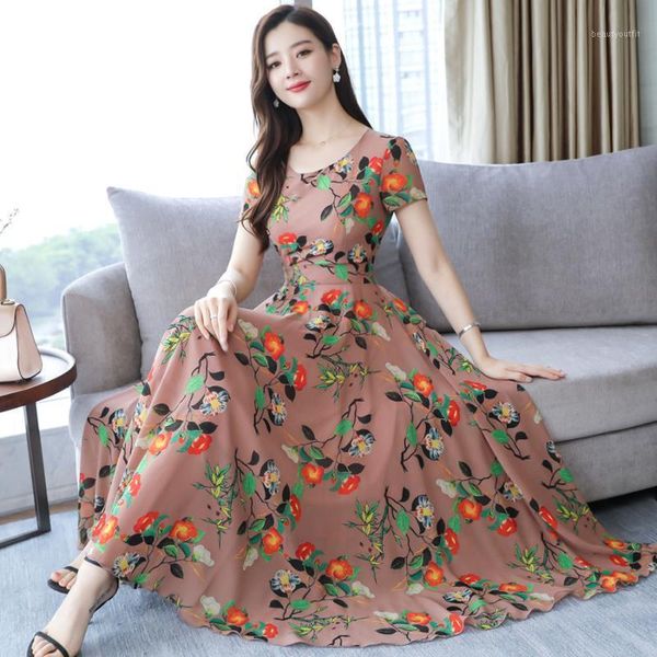 

casual dresses summer fashion yellow floral chiffon maxi dress 2021 3xl plus size beach vacation vintage elegant women bodycon vestidos, Black;gray