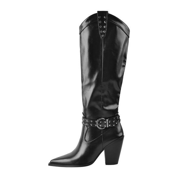 

boots onlymaker mulheres apontado toe do joelho botas altas metal decoração zíper fivela de cinto preto grosso baixo calcanhares causal f98m, Black