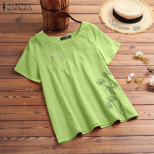 

women's blouses & shirts 2021 summer embroidered zanzea retro short sleeve tunic fashion casual cotton blouse plus size womens printed, White