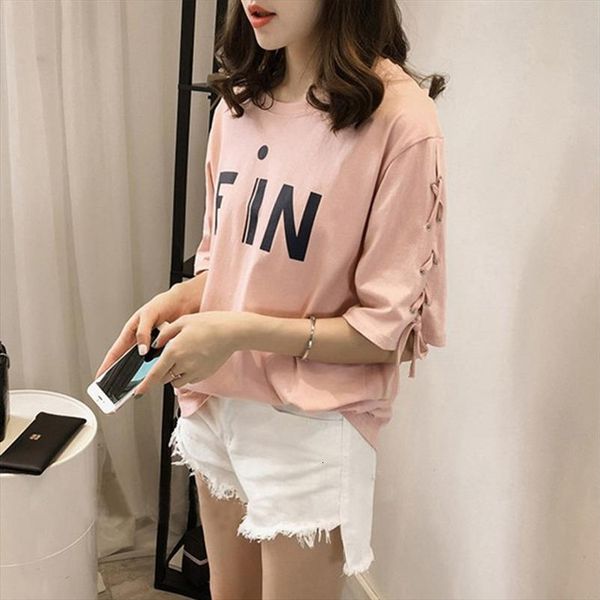 

fashion arrival casual letter fin womens t shirts print tie half sleeve long vestidos dropshipping t032, White
