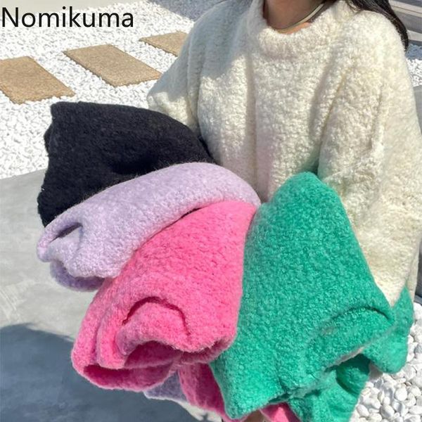 

women's sweaters nomikuma korean chic sweater women candy color o neck loose all-match pullovers jumpers warm long sleeve knitted pull, White;black