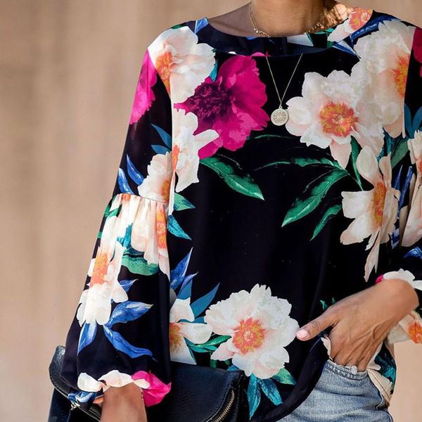 

women shirts floral print blouse loose casual boho beach shirt long sleeve o neck summer autumn womens blusas top, White