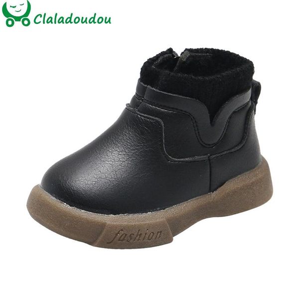 

12-15.5cm toddler boys girls boots with thin velvet, kids pu leather fashion ankle knitting for early winter 0-3year, Black;grey
