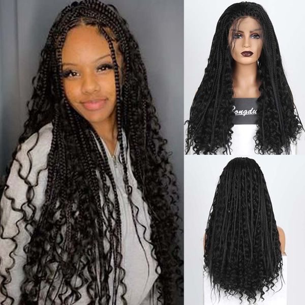 

lx brand synthetic lace front wig lace wigs for women long braided box braids wig with baby hair high temperature fiber wigsfactory direct, Black