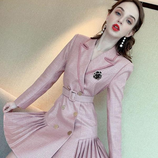 

casual dresses women's sutumn style suit collar plaid waist long sleeve ruffled double breasted pink dress, Black;gray