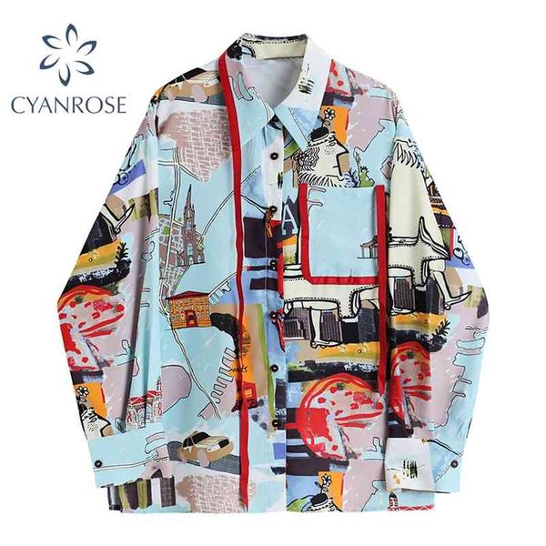 

cartoon print ins shirts women irregular spliced chic long sleeve blouses female bf oversized streetwear vintage beach relax 210430, White
