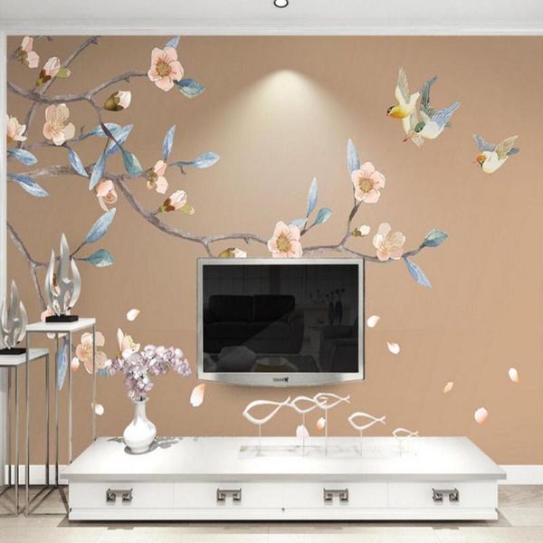 

wallpapers peach blossom flower bird po mural for living room home wall art decor paper roll 3d papel de parede floral