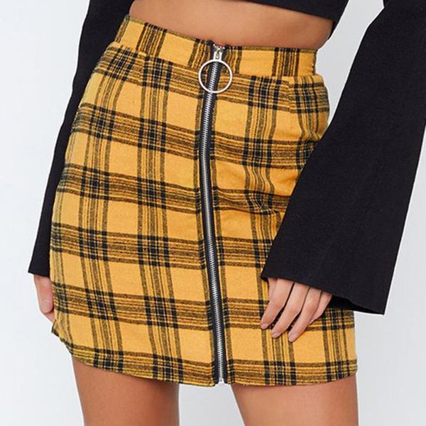 

skirts 2021 women high waist spring summer party plaid wooden zipper thin ear skirt pencil mini short, Black