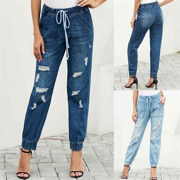 

women's jumpsuits & rompers ripped jeans female ankle banded pants blue color high-waisted elastic distressed boyfriend for, Black;white