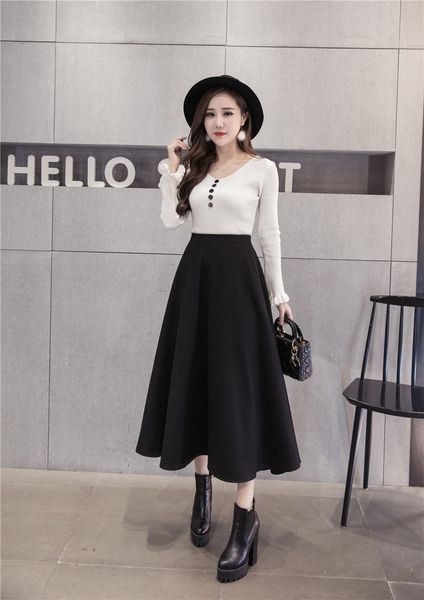 

skirts black fashion runway spring winter women warm wool korean lady elegant version high waist skirt girls swing k4g9