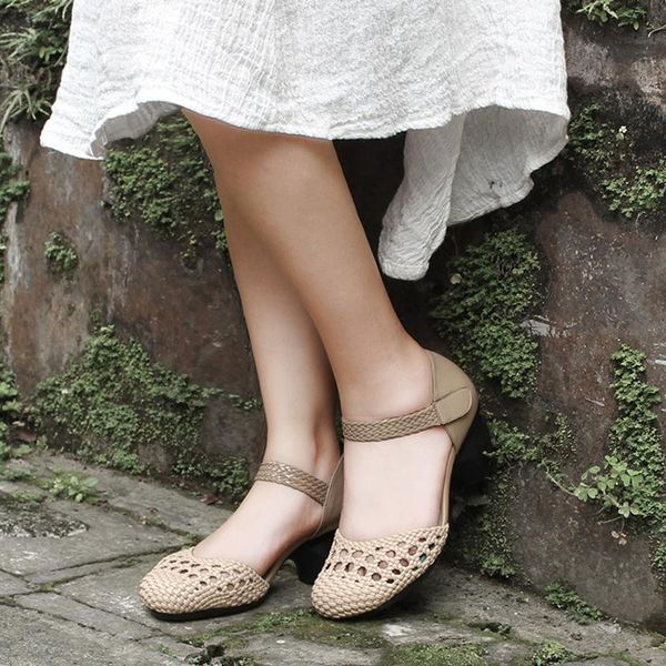 

xiangban woman sandals hollow out marie jane high heels baotou retro shoes handwoven, Black