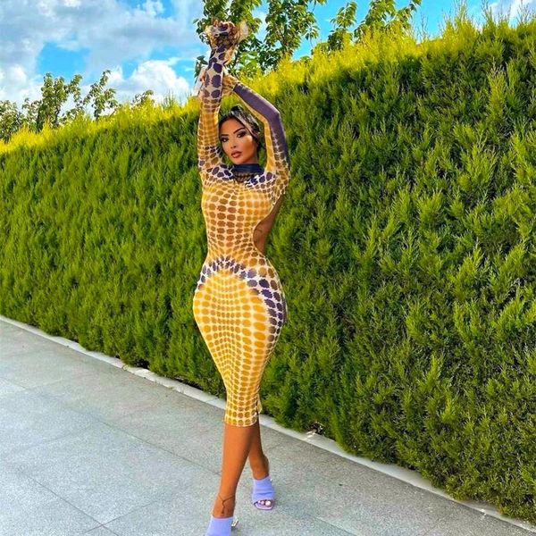 

casual dresses women 2021 autumn backless midi dress high waist bodycon flare sleeve printed winter turtleneck for female, Black;gray