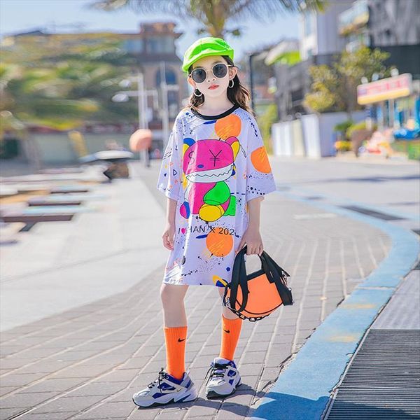 

fashion summer girls short sleeve t shirts o neck cartoon bear long for teenage children birthday loose 8 12, Blue