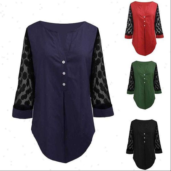 

women shirts asymmetric hem button v neck blouse 4xl 5xl plus size tunic spring polka dot 3 4 sleeve, White