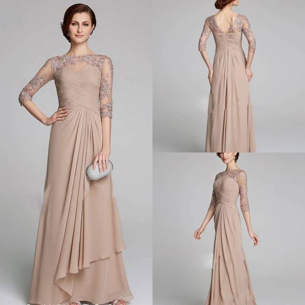 Bescheidenes Champagner-Kleid für die Brautmutter in Übergröße, gerüschte Spitze, A-Linie, Chiffon, Hochzeitsgästekleid für Mütter, formelles Gow293U