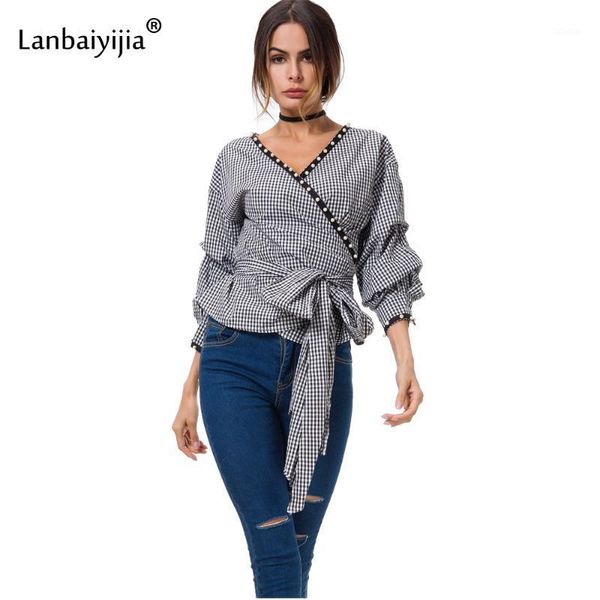 

lanbaiyijia black white plaid shirt women distinctive sleeve beading bind double side wearing fashion shirts blouse women's blouses &