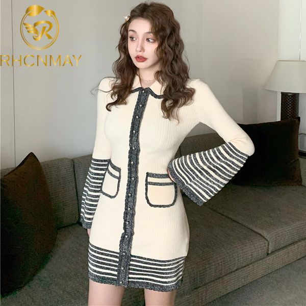 

new designer luxury knitted dress women turn down collar long sleeve dress female fashion slim mini knitted dressesswimwear bathing suits sw, Black;gray